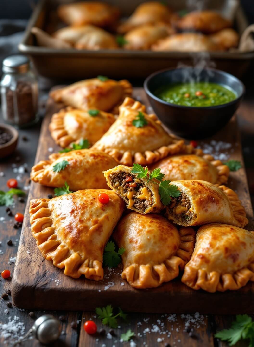 "Golden-brown beef empanadas on a rustic wooden board with chimichurri sauce, cilantro, and cherry tomatoes"