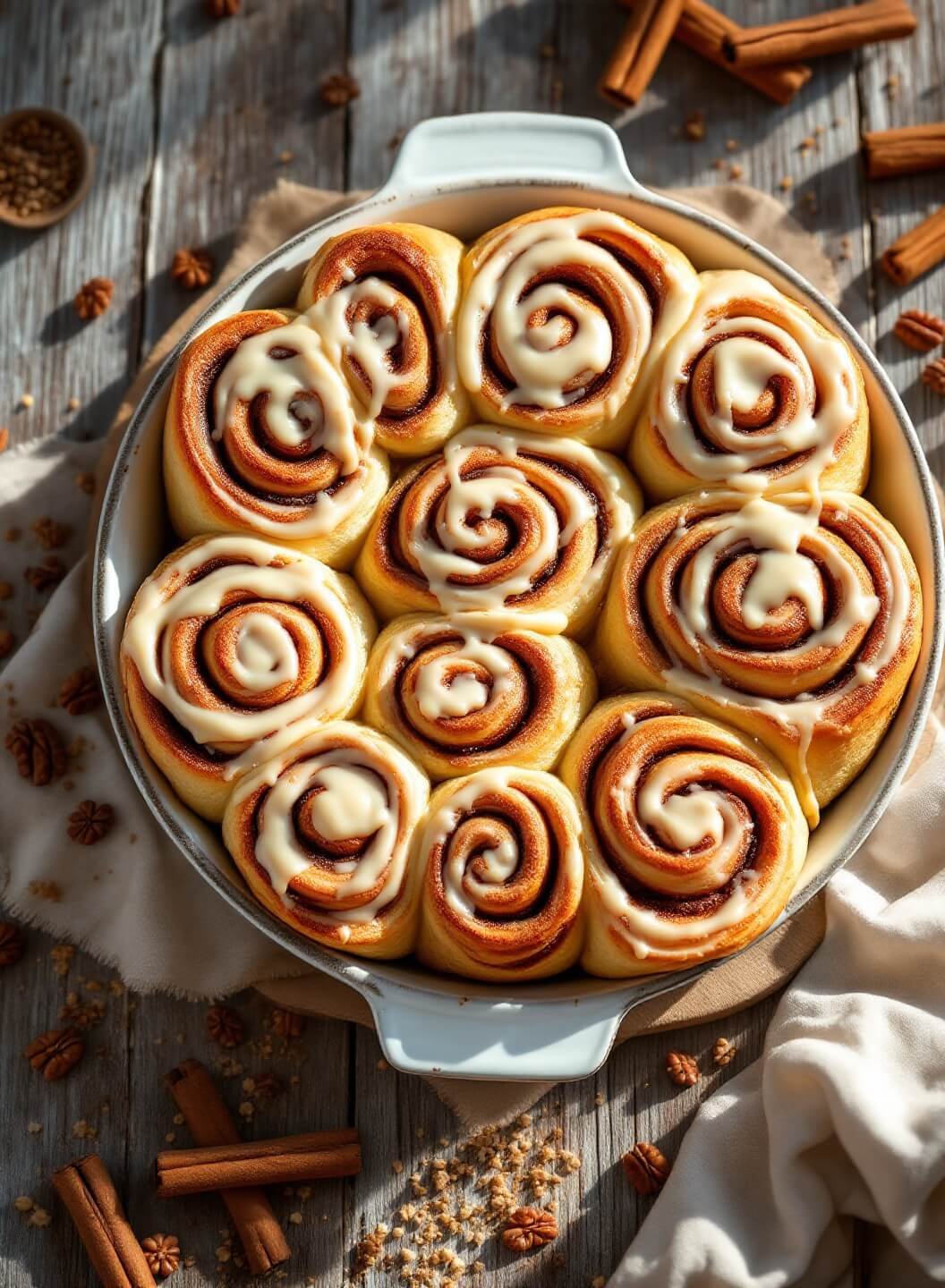 "Freshly baked cinnamon rolls with cream cheese frosting in a rustic dish, garnished with cinnamon sticks and vanilla pods on a wooden surface"