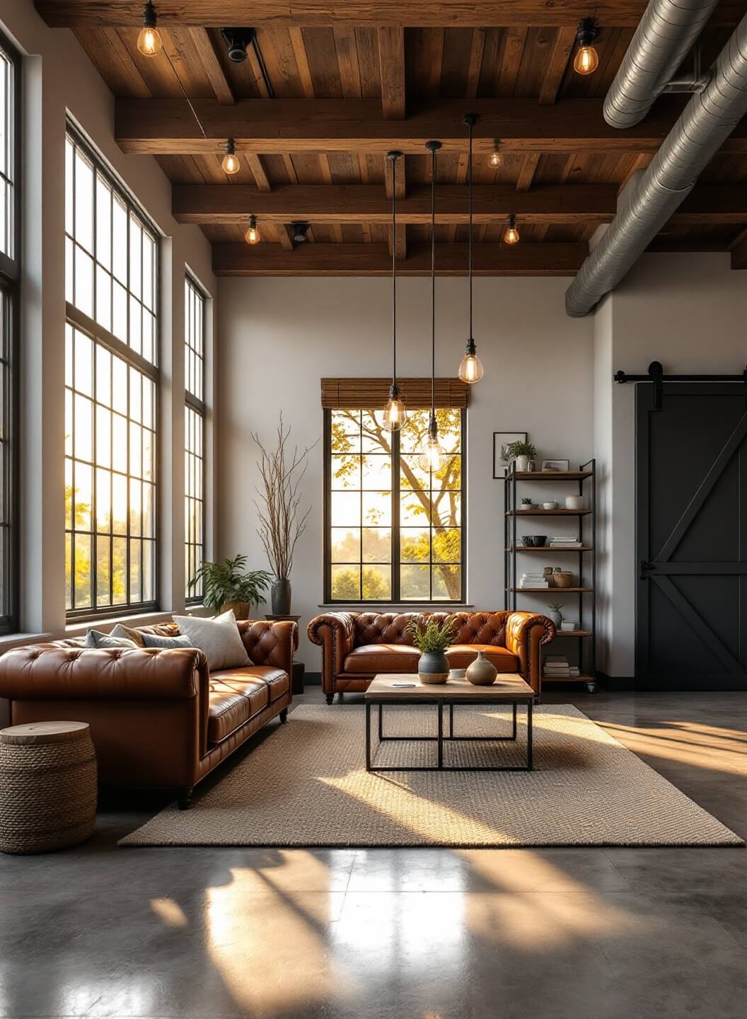 "Industrial farmhouse living room with exposed beams and golden hour lighting"