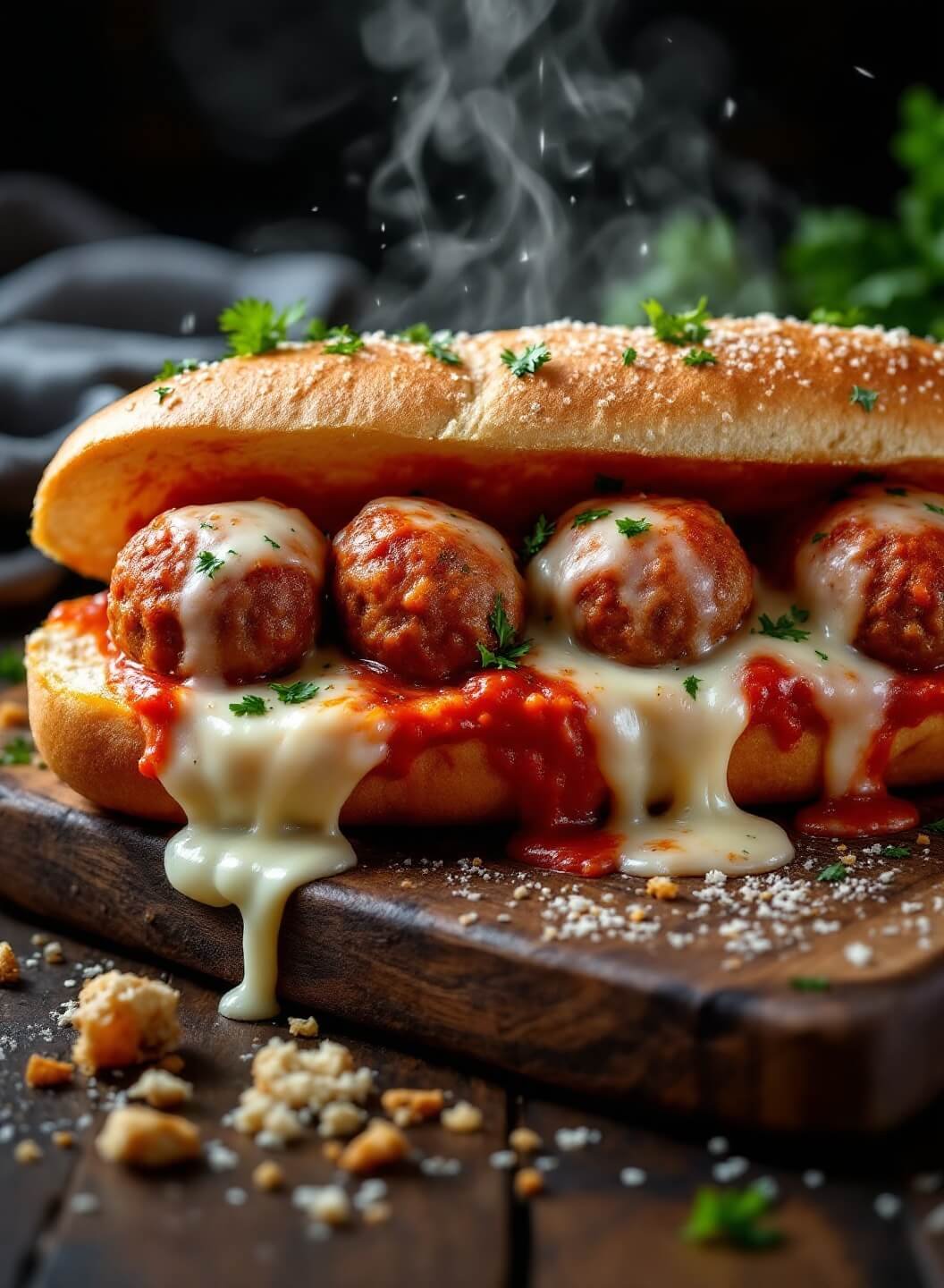 "Close-up of an Italian meatball sub with melted mozzarella and marinara sauce on a weathered wooden board"