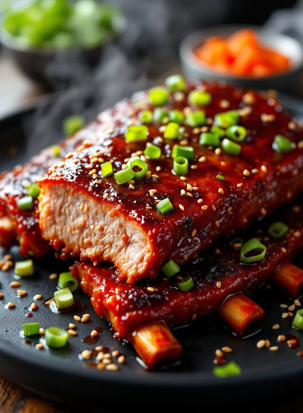 "Glistening Korean BBQ ribs with caramelized char marks, garnished with green onions and sesame seeds on a black ceramic platter"