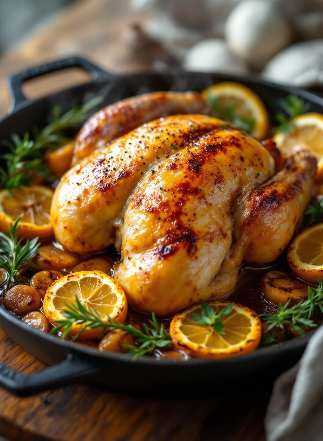 "Golden-brown roasted chicken in a skillet with caramelized lemon slices, fresh herbs, and garlic cloves, garnished with parsley and black pepper"