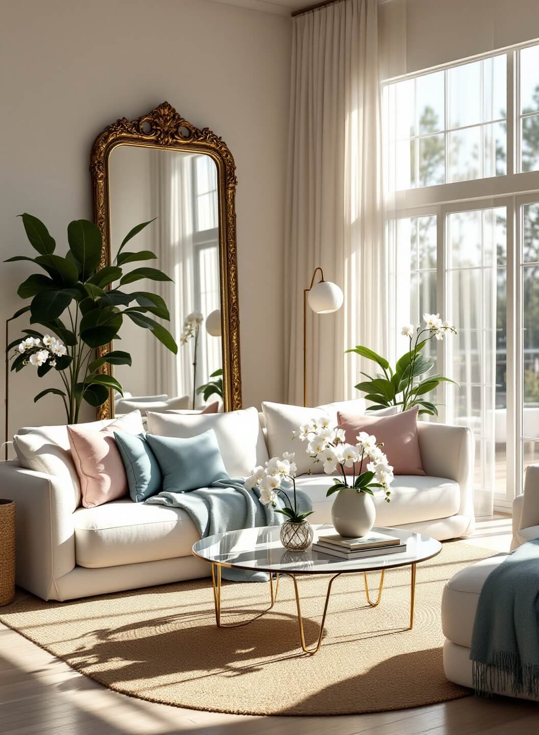 "Sunlit spring living room with cream sofa, pastel pillows, glass coffee table, and fresh orchids reflecting in a large gilded mirror"