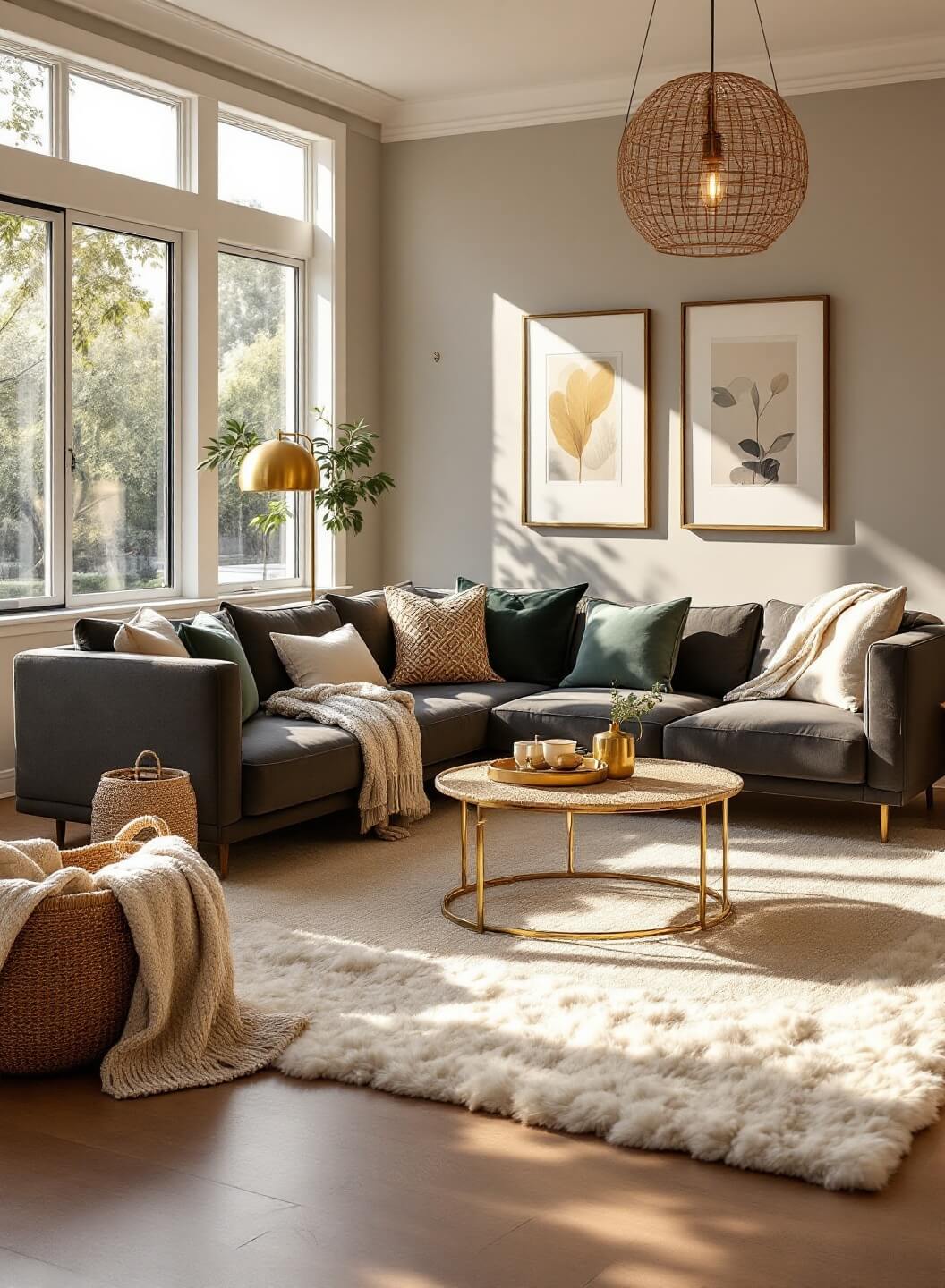 "Sophisticated living room in golden hour sunlight featuring charcoal sectional, brass and rattan coffee table, and textured cushions and throws"