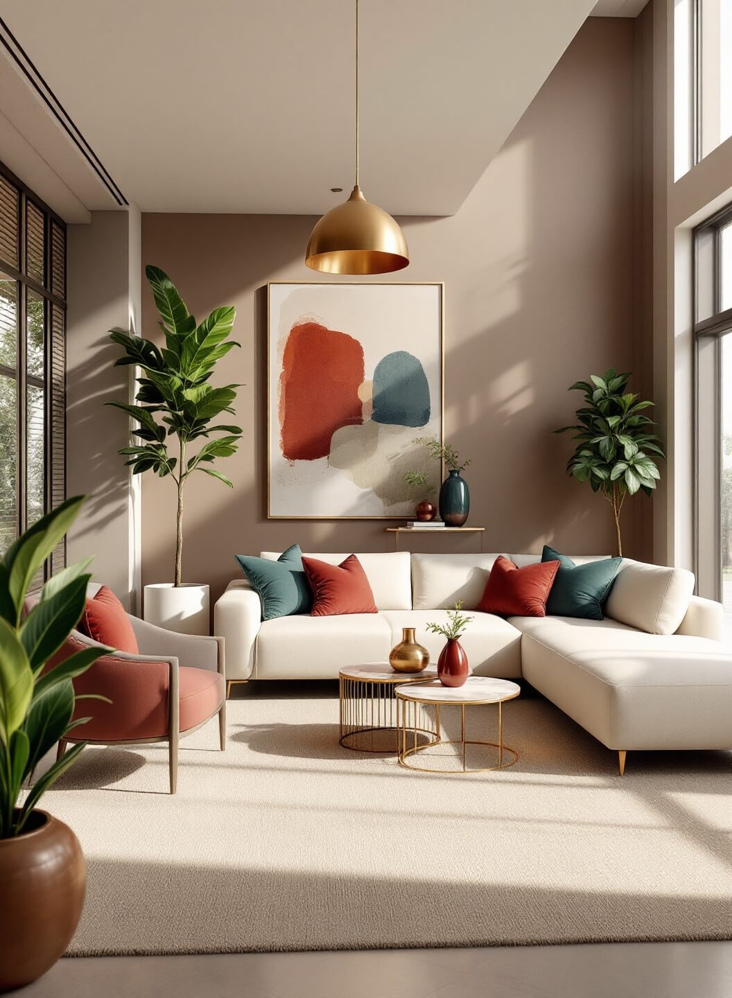 "Modern open-plan living room with mocha walls, cream sofa, sage green chairs, ruby red pillows, and metallic decor bathed in golden natural light"