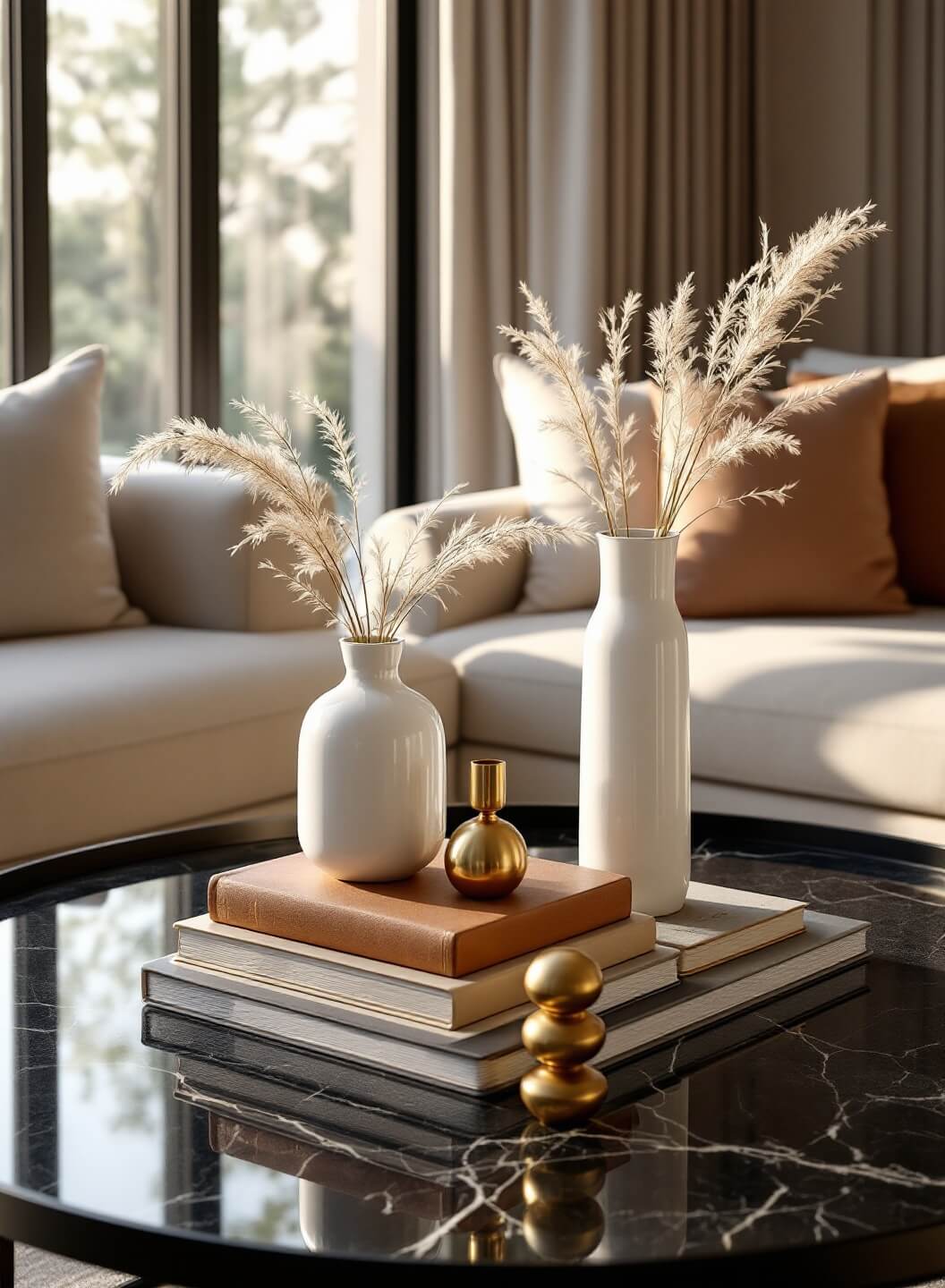"Stylish living room with sunlit black marble coffee table decorated with ceramic vase, pampas grass, and brass sculptures, shot at golden hour"