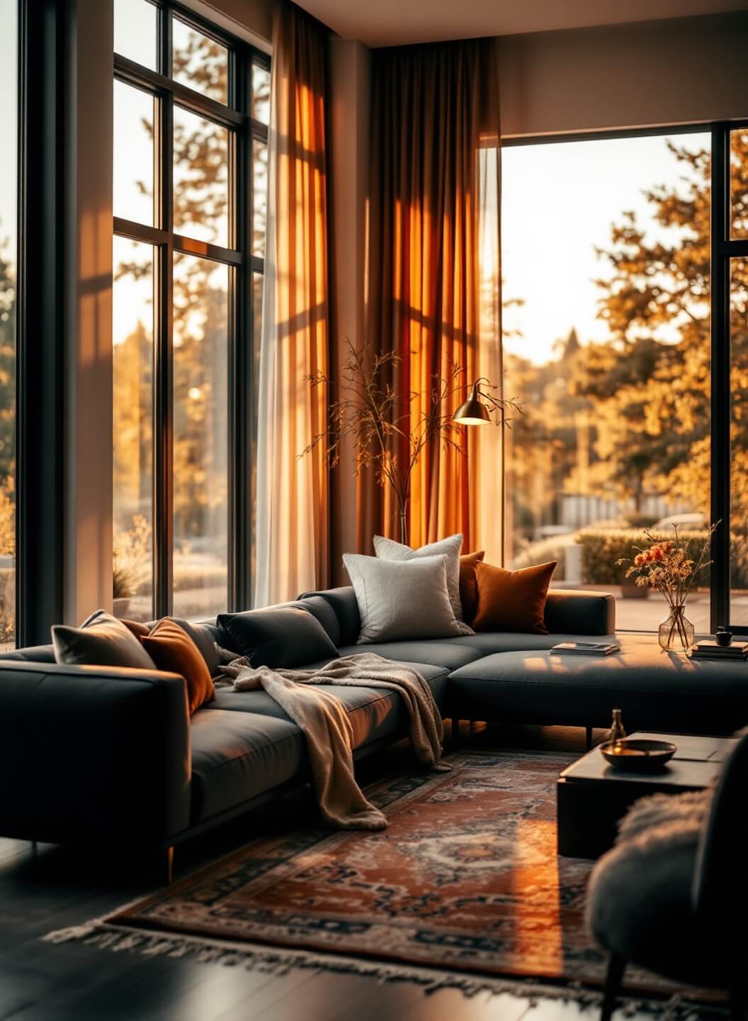 "Luxurious living room bathed in golden sunlight featuring three distinct styling vignettes with a brass floor lamp, Persian rug, and dark walnut coffee table."