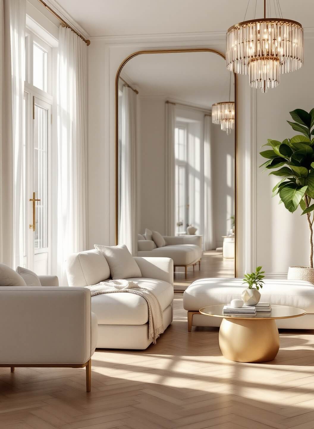 "Sunlit contemporary living room with floor-to-ceiling mirror, white linen sofas, oak floors, crystal chandelier, and French doors"