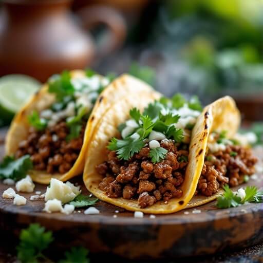 "Authentic Mexican ground beef street tacos with fresh cilantro, onion, cotija cheese, and lime garnishes on a rustic wooden board"