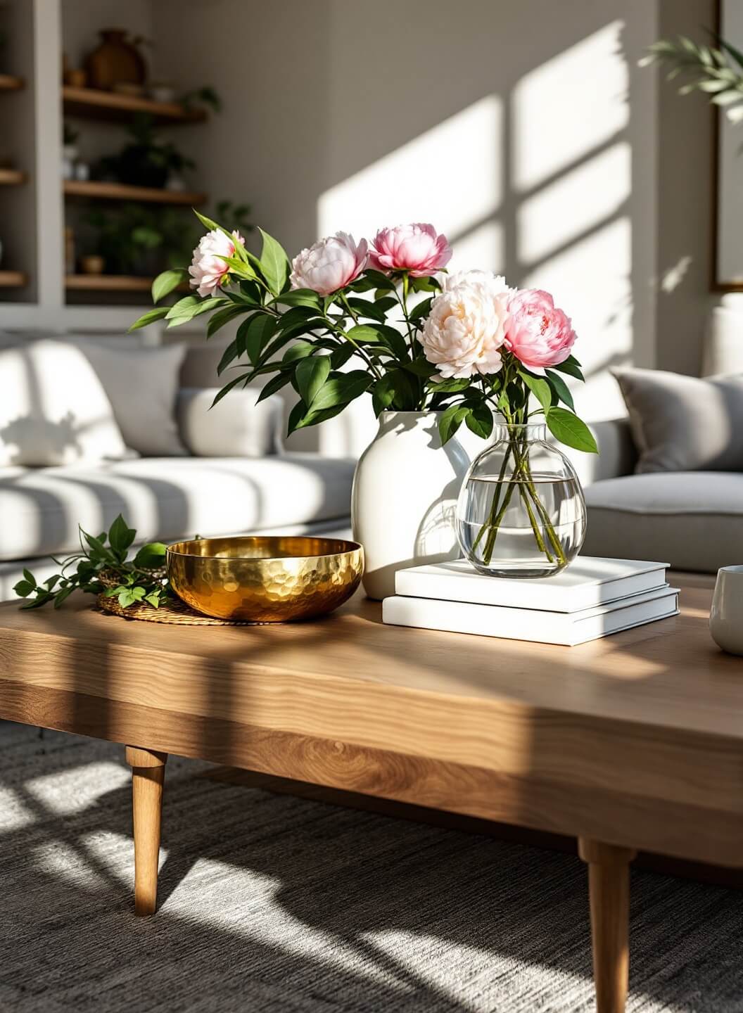 "Modern minimalist coffee table styled with clear glass vase of peonies, stacked cream linen books, and brass bowl, in sunlit living room with neutral greige walls and oak floors"