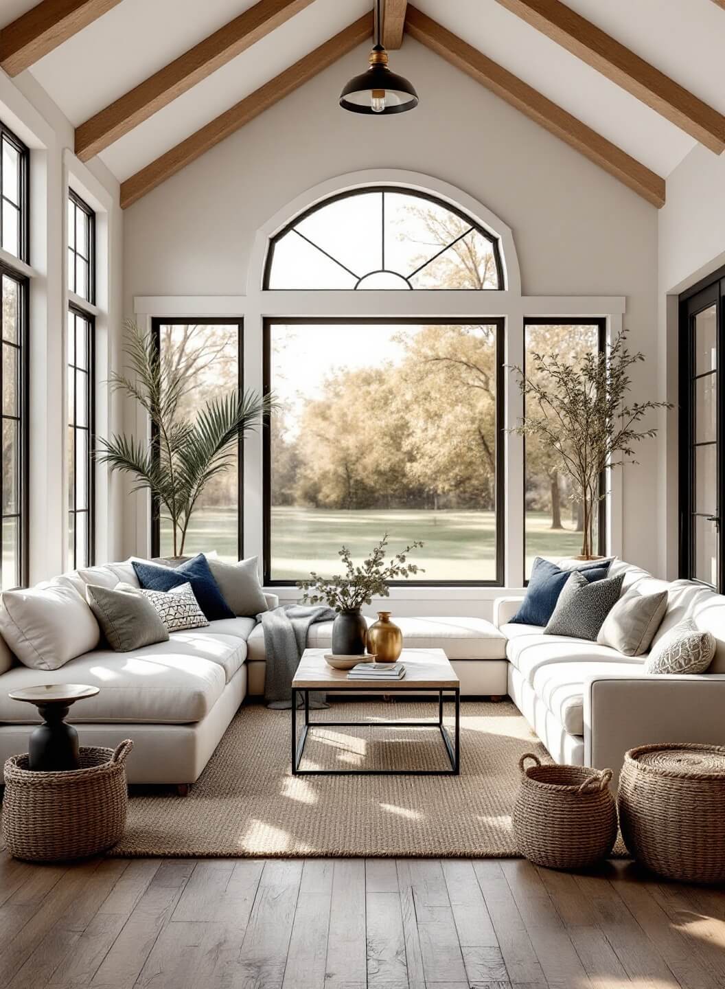"Sun-drenched modern farmhouse living room with high vaulted ceilings, plush cream sectional, and warm hardwood floors"
