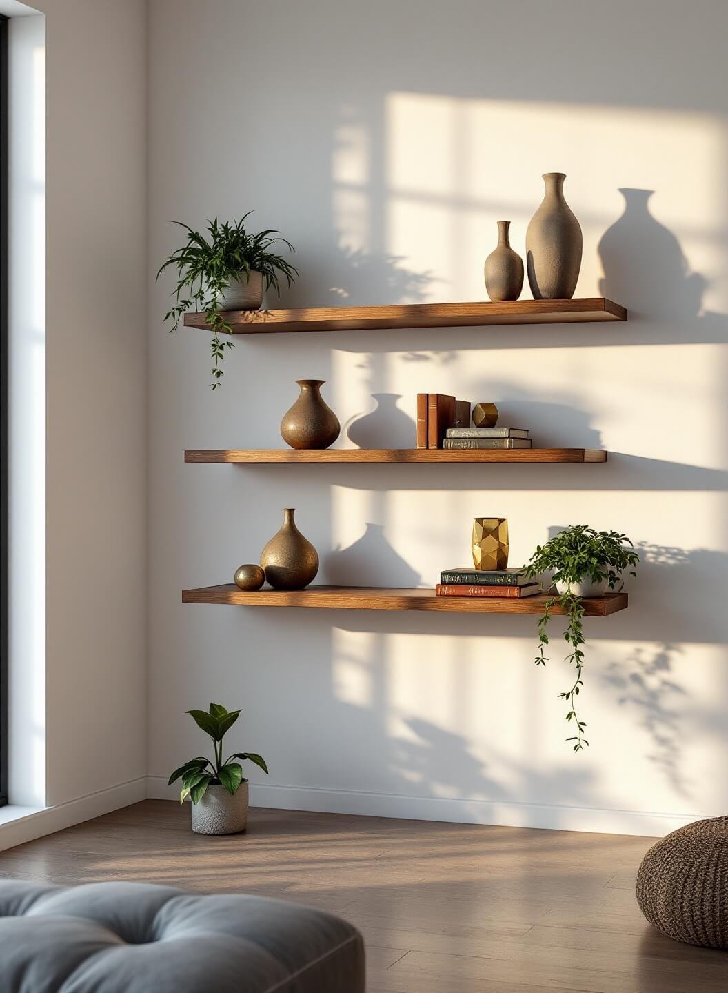 "Minimalist living room with walnut floating shelves decorated with pottery, books, sculptures, and plants, illuminated by afternoon sunlight"