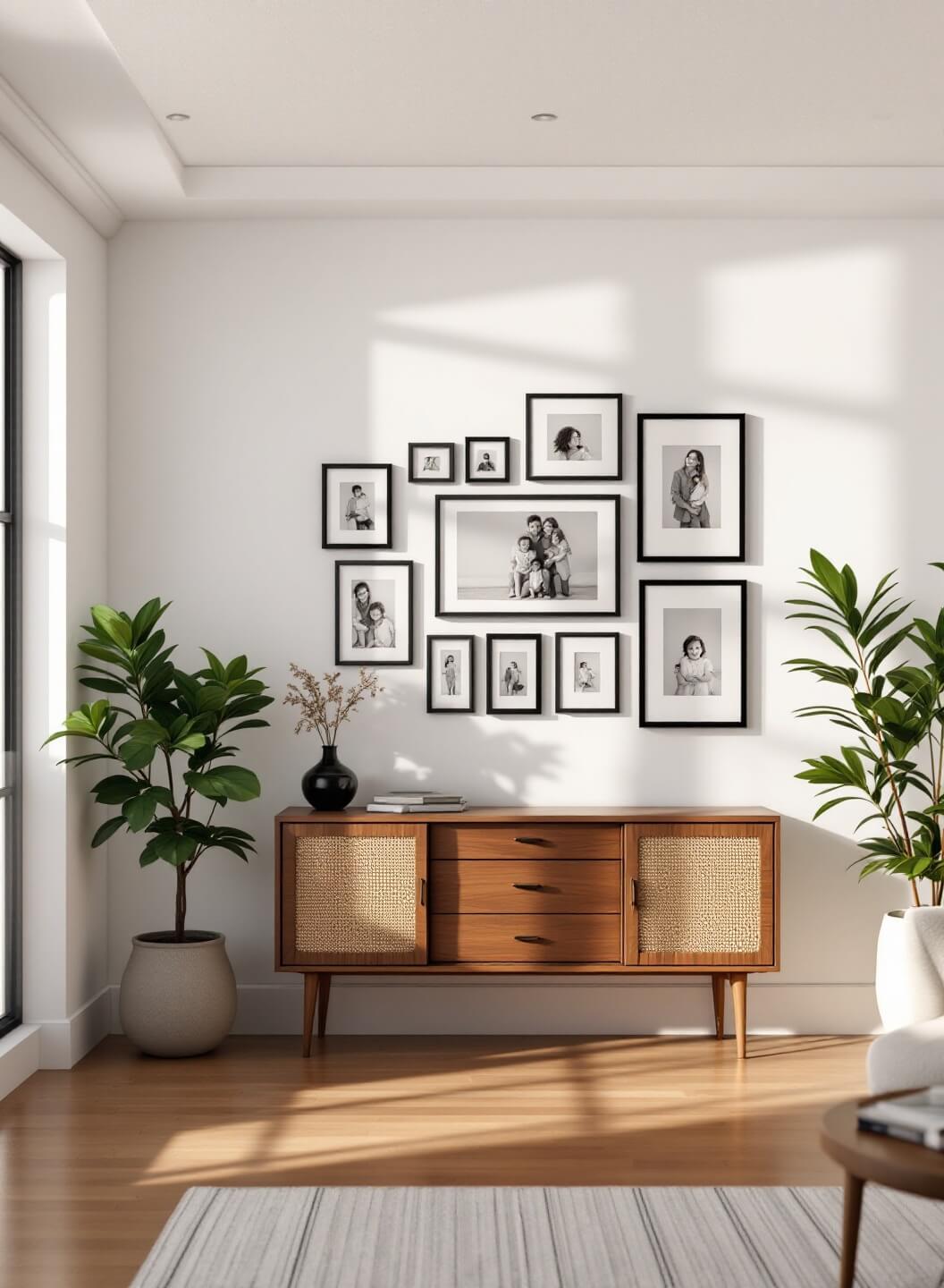 "Symmetrically arranged gallery wall with black and white family photos in a modern living room with morning sunlight streaming through floor-to-ceiling windows"