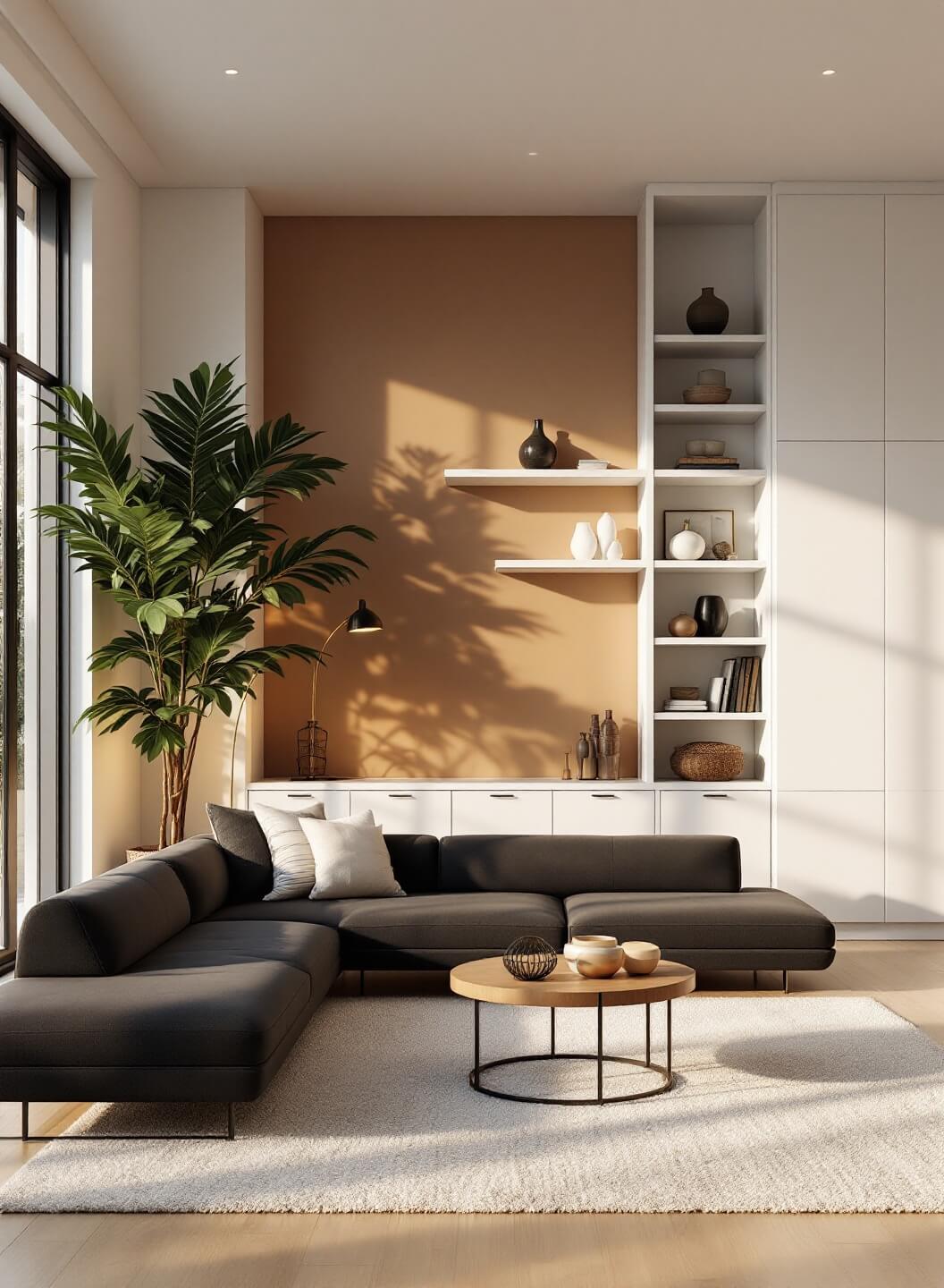 "Contemporary living room with dramatic height variations, a tall fiddle leaf fig tree, brass arc floor lamp, charcoal sectional, and built-in shelves in golden hour lighting"