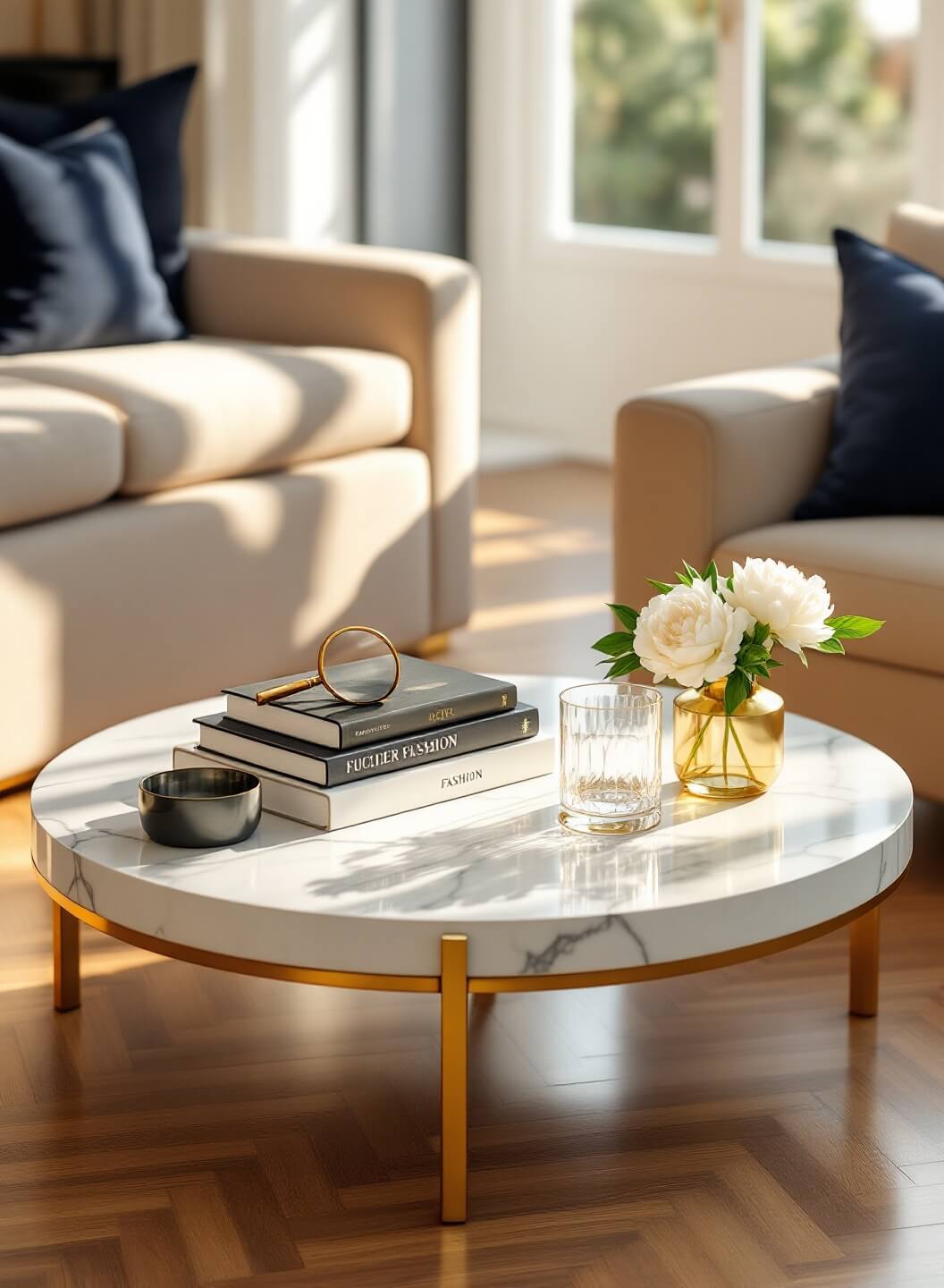 "Elegant living room with round marble coffee table styled with design books and brass accents under natural sunlight"