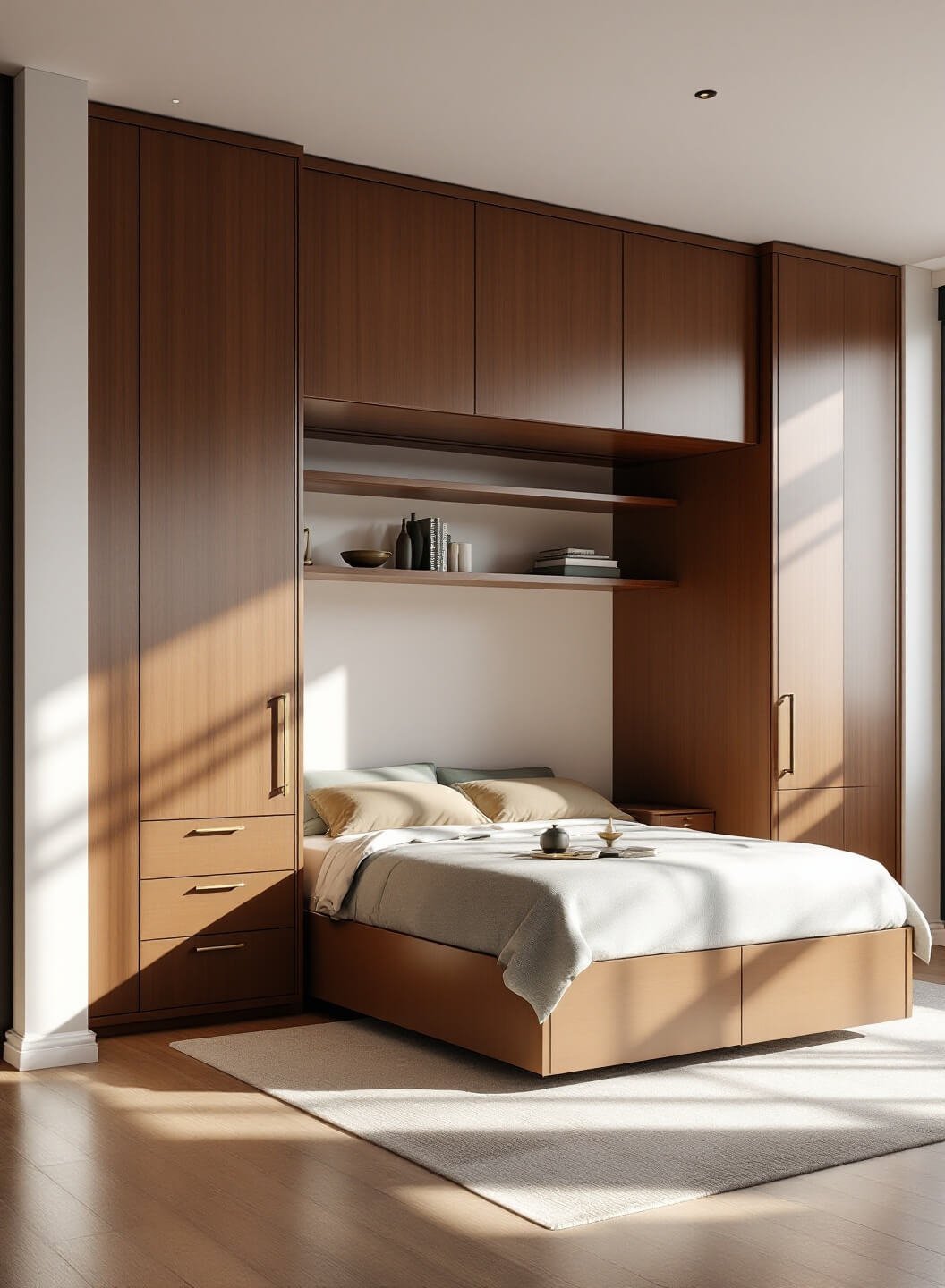 "Modern studio apartment with walnut Murphy bed, built-in storage, and Scandinavian-inspired decor in morning light"