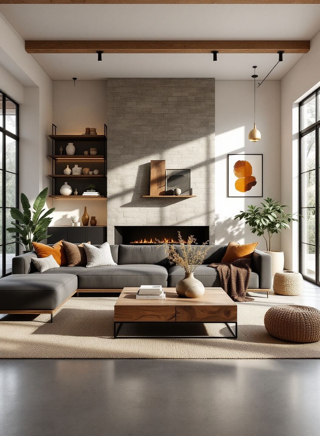 "Modern rustic living room with charcoal gray sectional sofa, timber coffee table, stone accent wall with floating shelves, brass lighting, jute rug, wood ceiling beams, white walls, and earth-toned decor."