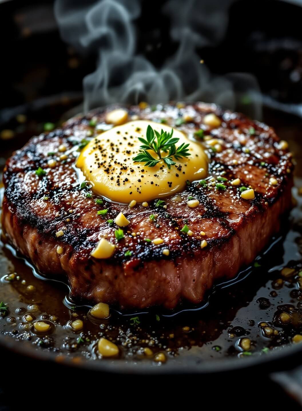 "Closeup of pan-seared ribeye steak being basted with garlic butter in cast iron skillet"