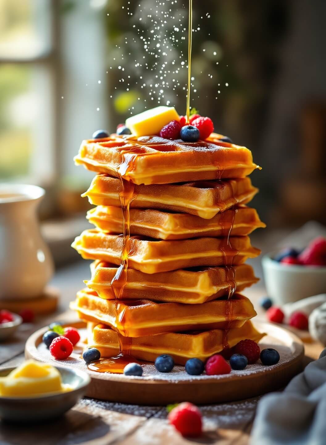 "Towering stack of Belgian waffles with mixed berries and maple syrup on a rustic table"