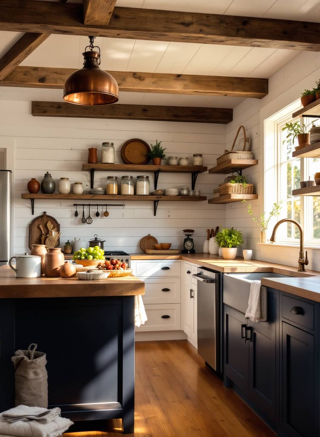 "Sun-drenched rustic farmhouse kitchen with white shiplap walls, reclaimed oak shelves, and navy blue island"