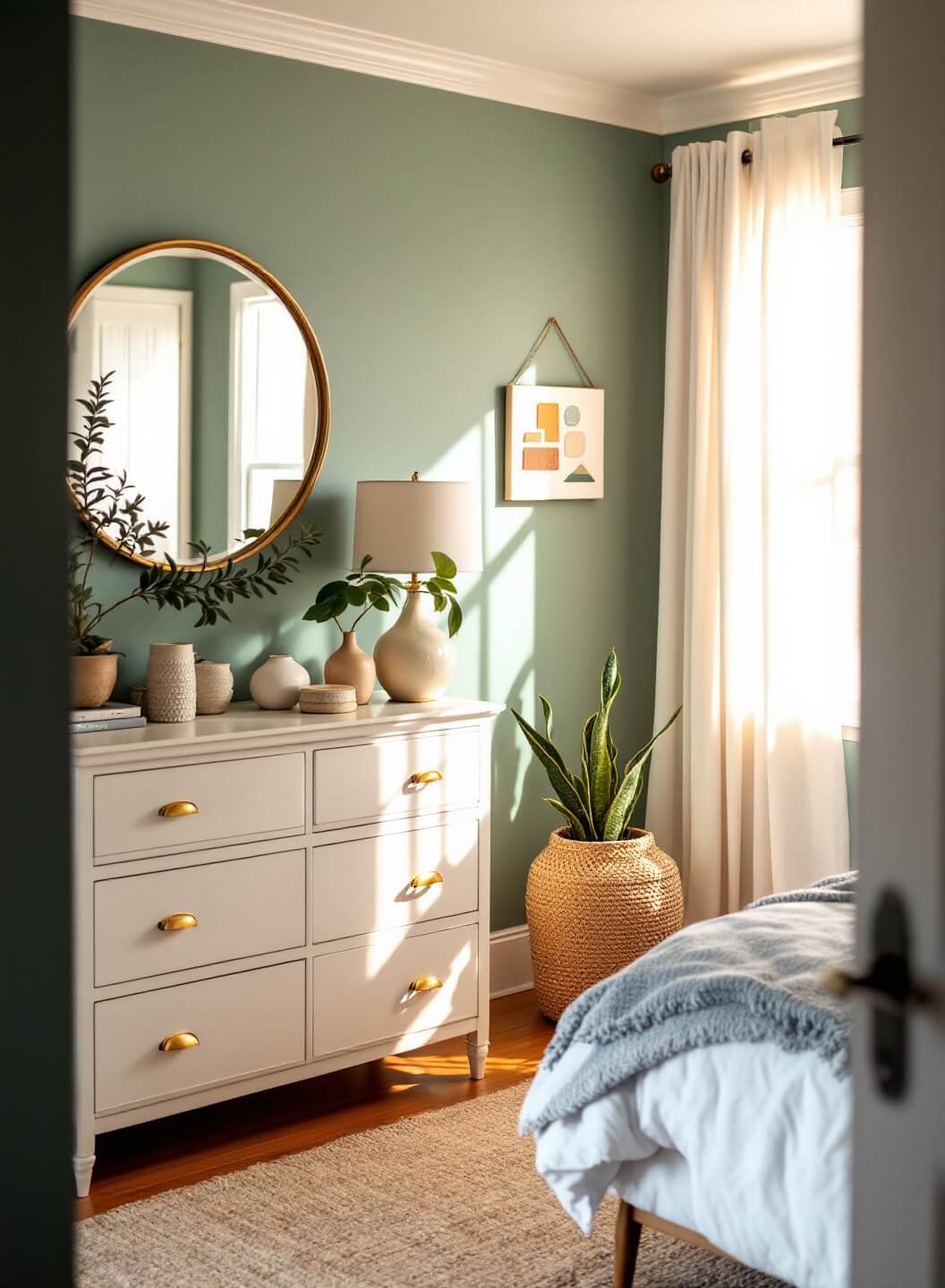 "Sunlit guest bedroom with sage green accent wall, vintage white dresser, and minimalist decor during golden hour"