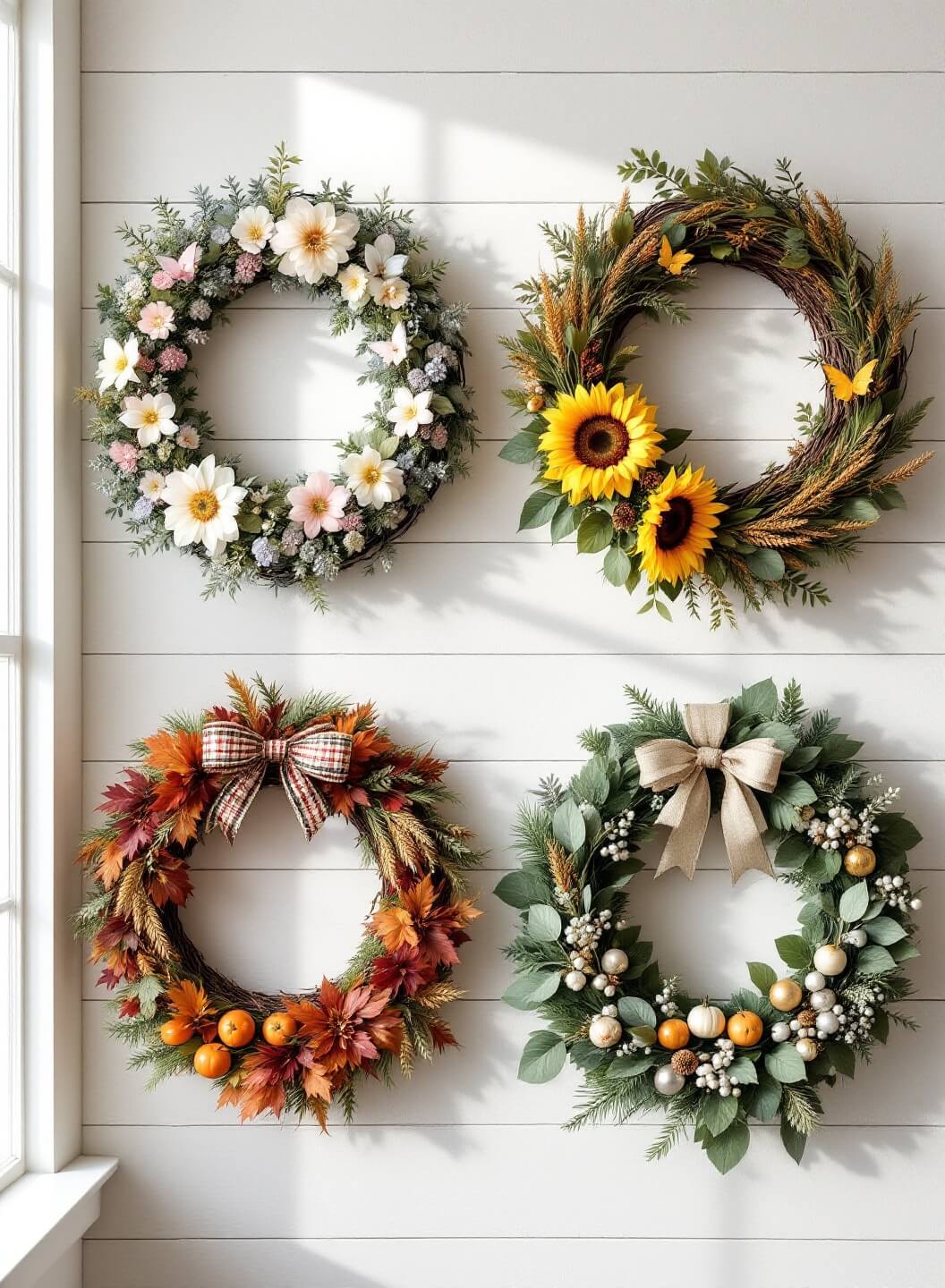 "Four seasonal wreaths in spring, summer, fall, and winter themes on a white shiplap wall"