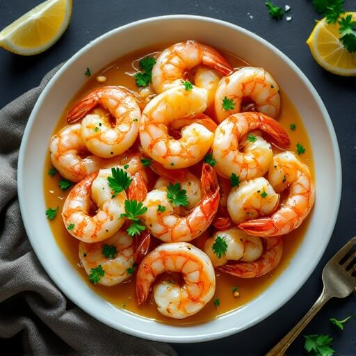 "Overhead shot of shrimp scampi in garlic butter sauce with parsley and lemon garnish in a white ceramic bowl"