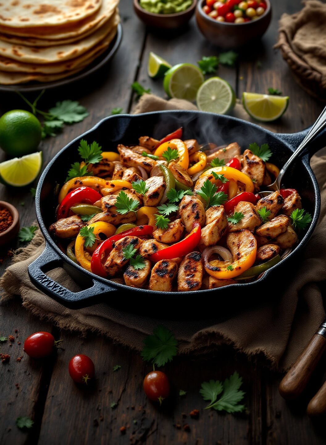 "Sizzling chicken fajitas in cast iron skillet with vibrant bell peppers, onions, fresh cilantro, lime wedges, and toppings on a rustic wooden table"