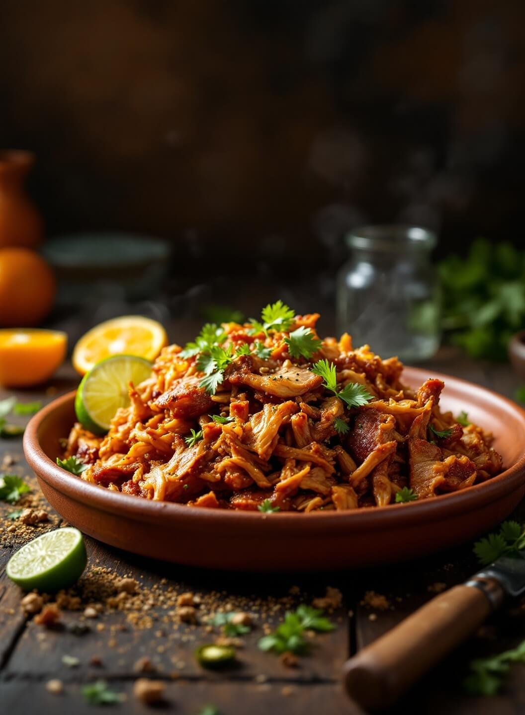 "Succulent shredded pork carnitas garnished with cilantro and lime wedges on a rustic clay platter"