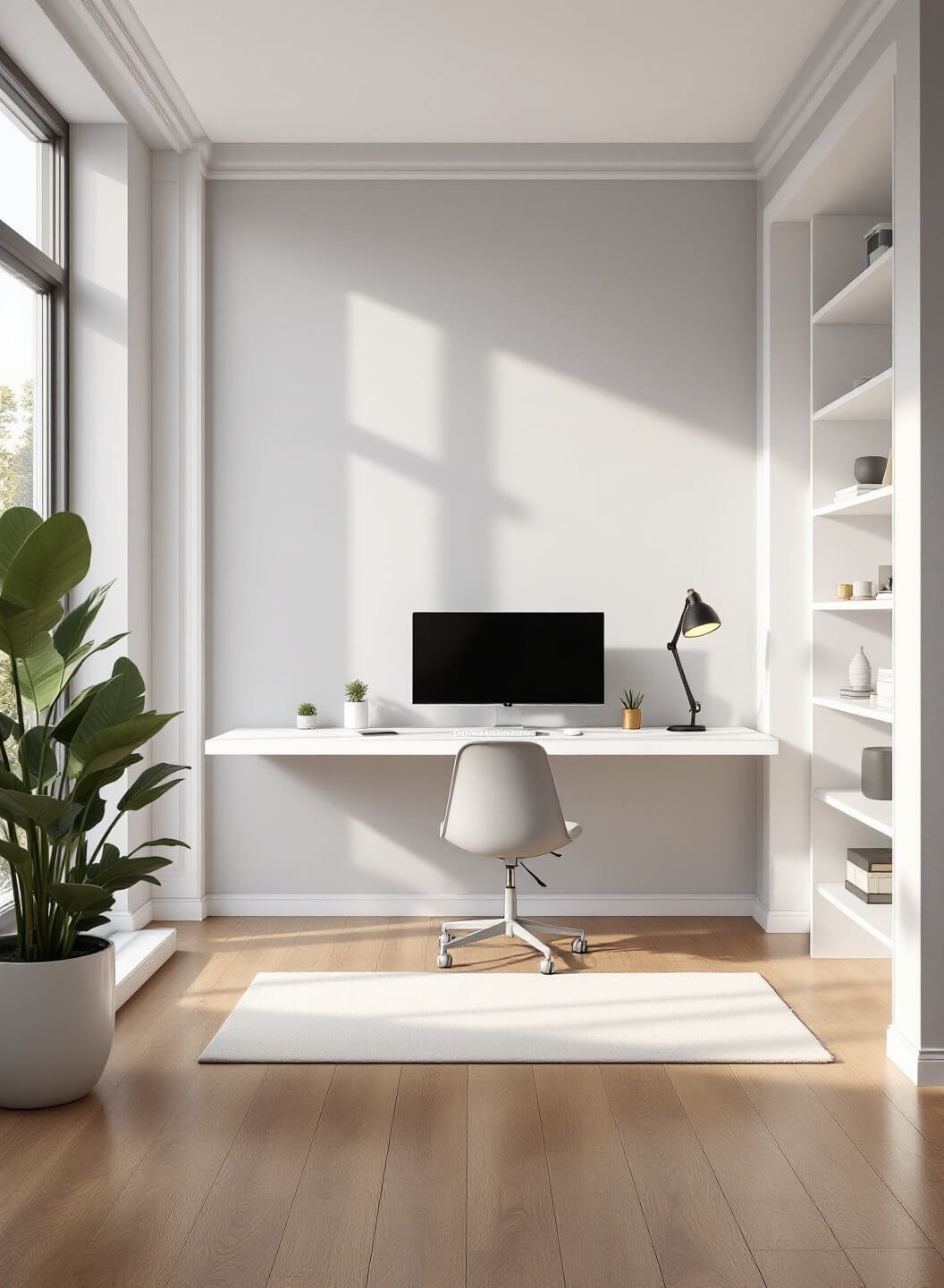 "Minimalist Scandinavian home office with floating desk, converted closet office, and modern ergonomic chair in golden hour lighting"