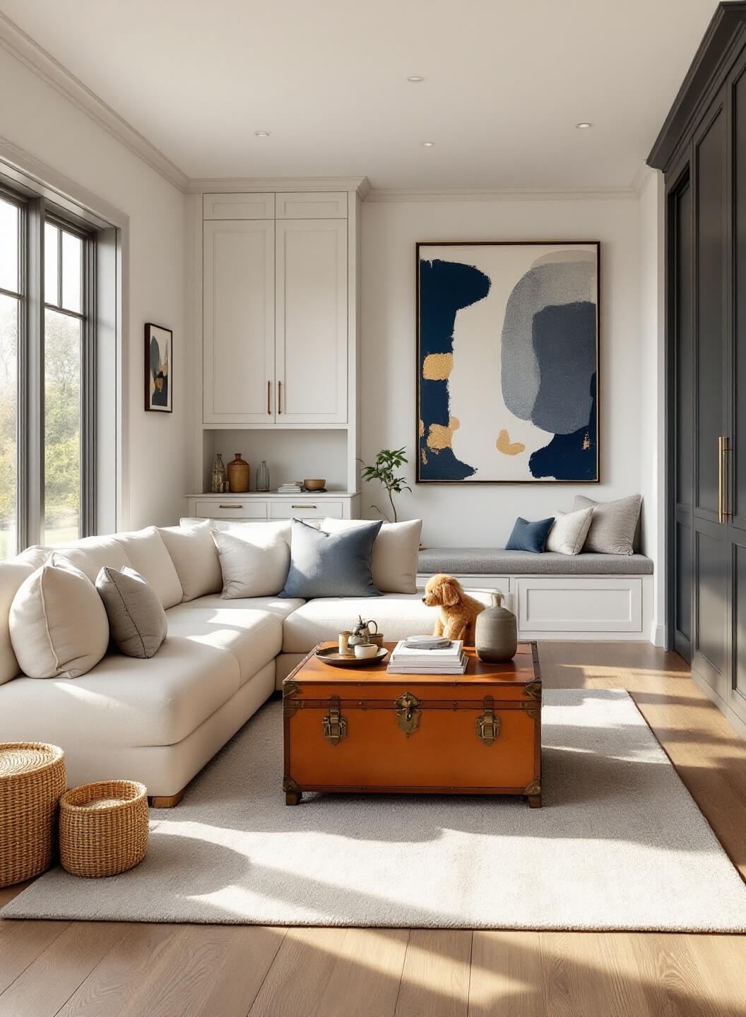 "Sophisticated living room with vintage trunk coffee table, cream sofa, and integrated storage solutions in golden hour lighting"