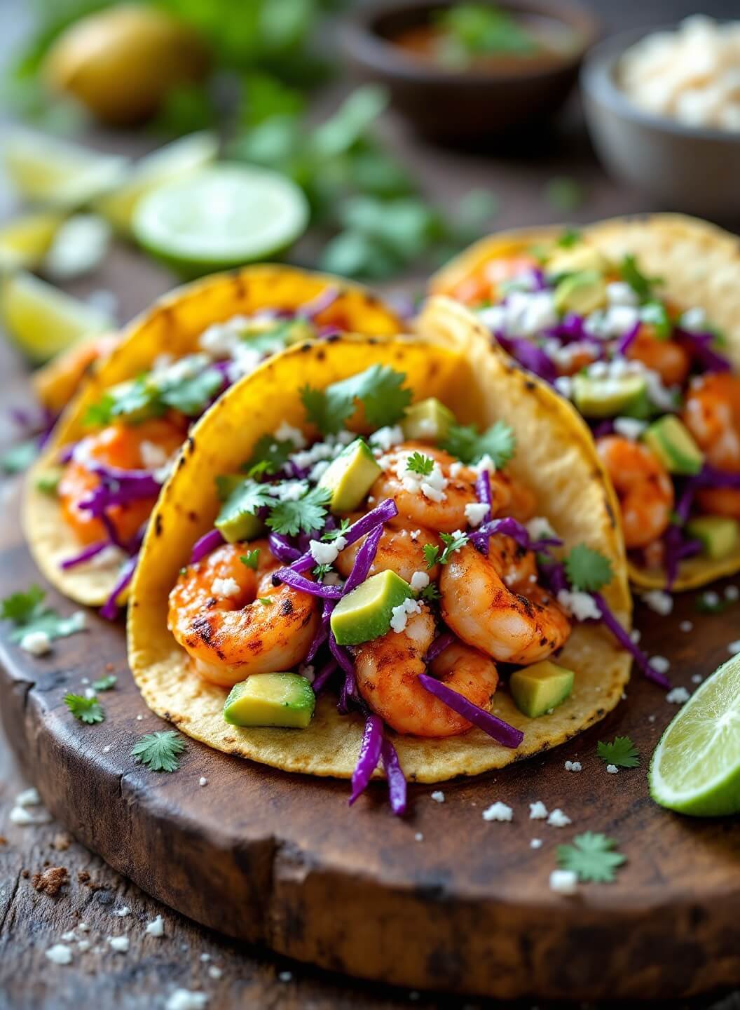 "Spicy shrimp tacos with cilantro slaw, avocado slices, and cotija cheese on a rustic wooden board"