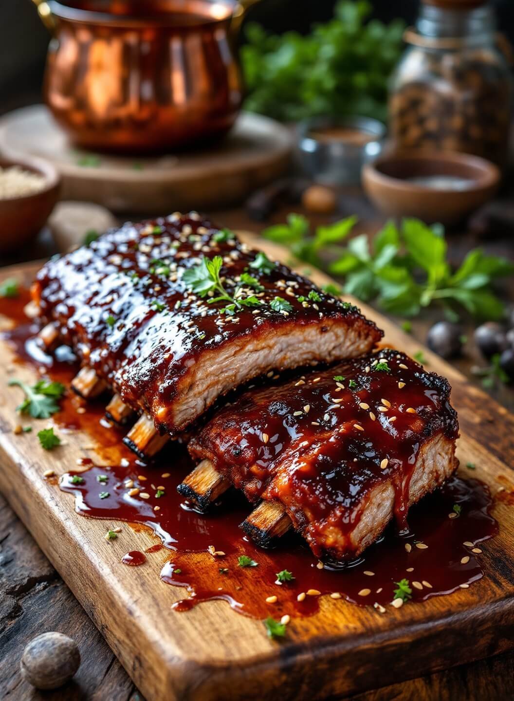 "Close-up of sticky BBQ ribs with caramelized glaze on rustic wooden board, garnished with herbs and sesame seeds"