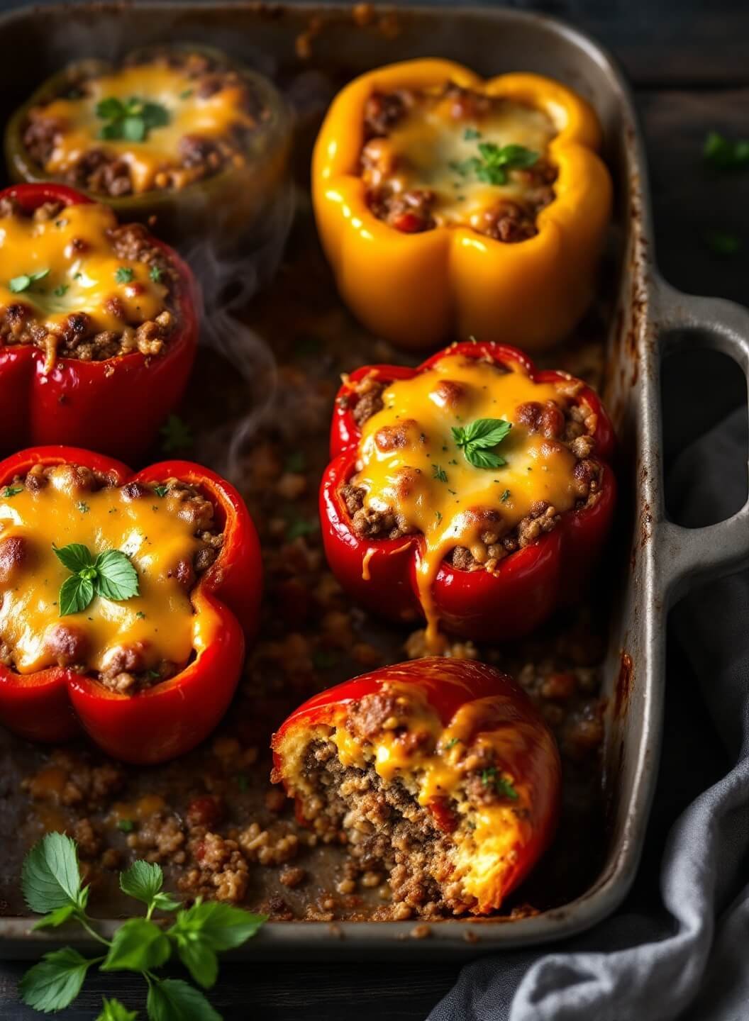 "Overhead shot of six colorful stuffed bell peppers with ground beef, rice and melted cheese in a baking dish, one pepper cross-sectioned to reveal filling"