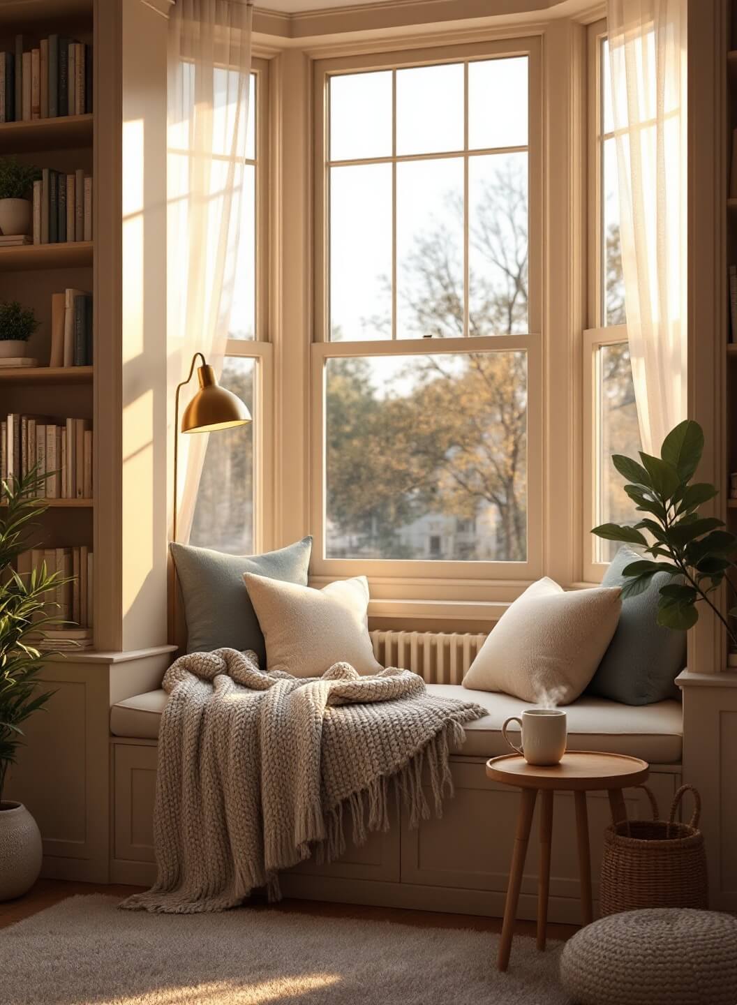 "Cozy sunlit window reading nook with plush cushions, textured pillows, wooden bookshelves and a steaming mug on the side table"