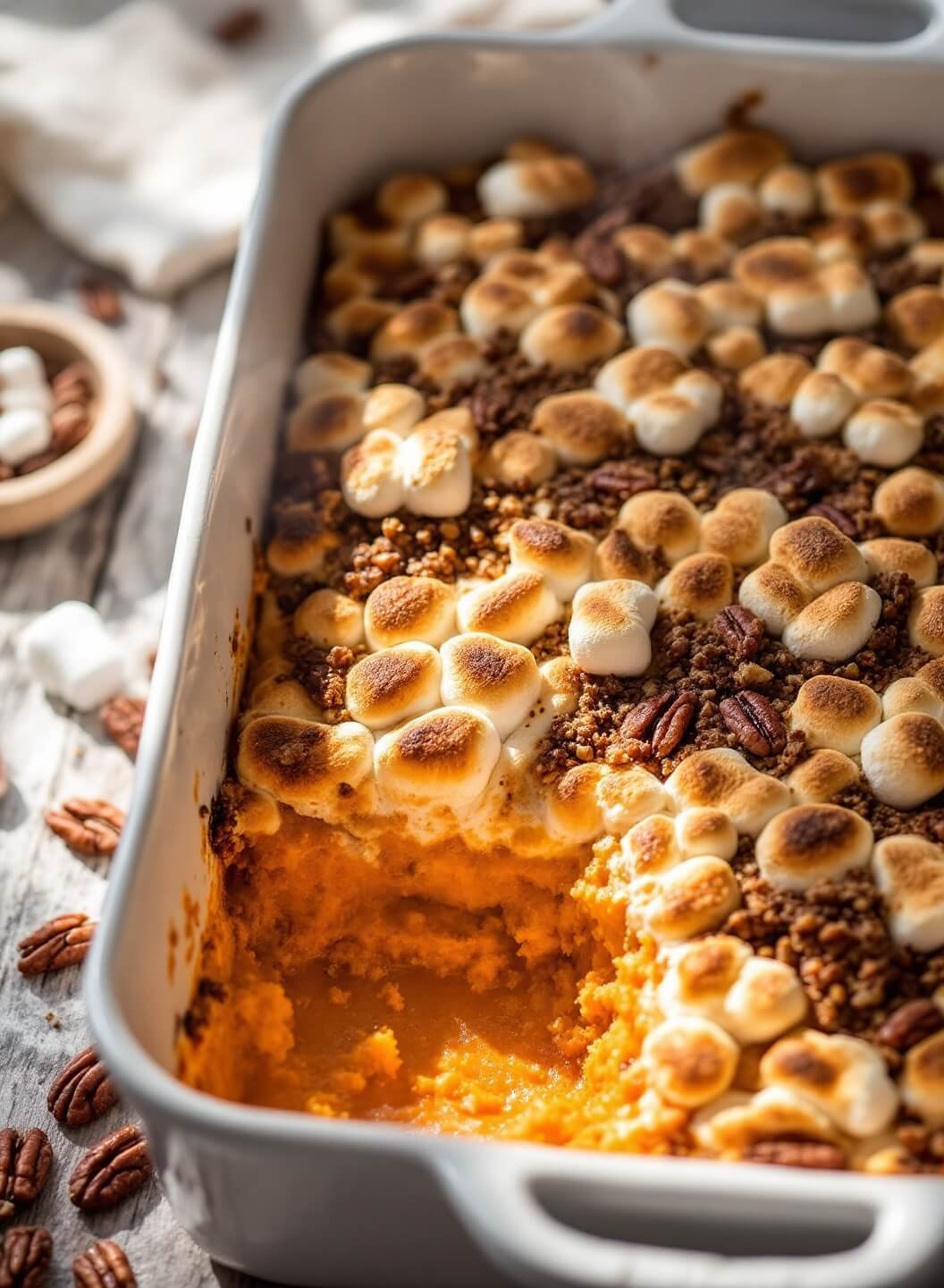 "Golden-brown sweet potato casserole with toasted marshmallows and pecan streusel in a rustic baking dish"