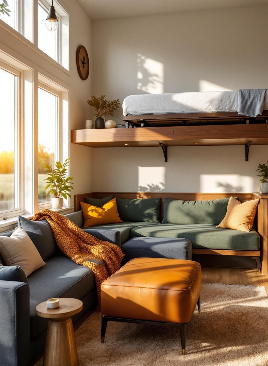 "Interior of a contemporary tiny home featuring a partially converted sofa bed, a desk-configured Murphy bed, modular slate blue seating, a cognac leather ottoman, and sage green banquette seating"