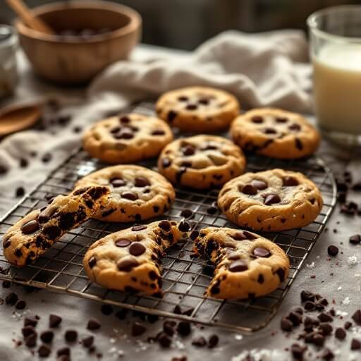 "Overhead shot of freshly baked chocolate chip cookies on a rustic wire rack, with a vintage mixing bowl, wooden spoon, and cup of milk in the background"