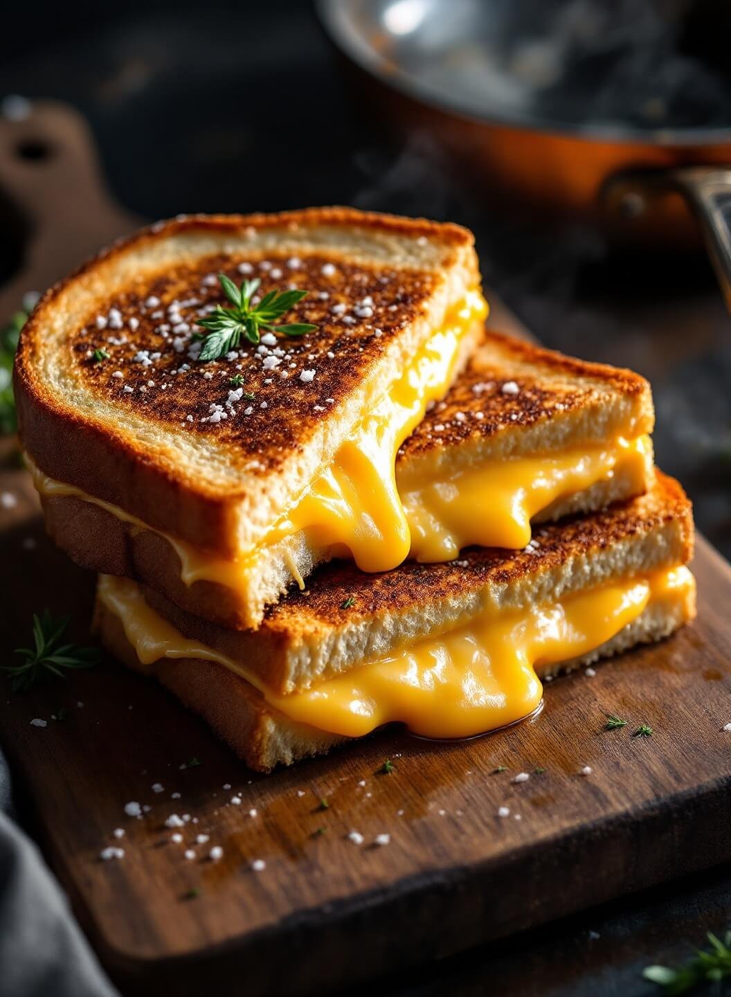 "Close-up of grilled cheese sandwich with melted cheddar and Gruyere on a rustic wooden board, in dramatic lighting"