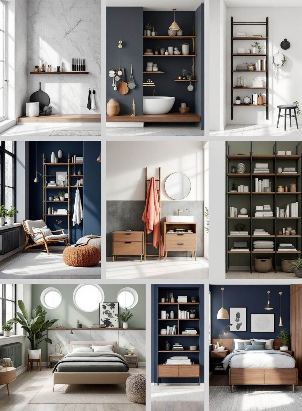 "Stylish home storage solutions in kitchen, bathroom, living room, bedroom, and office with modern design and high-end finishes lit by natural lighting"