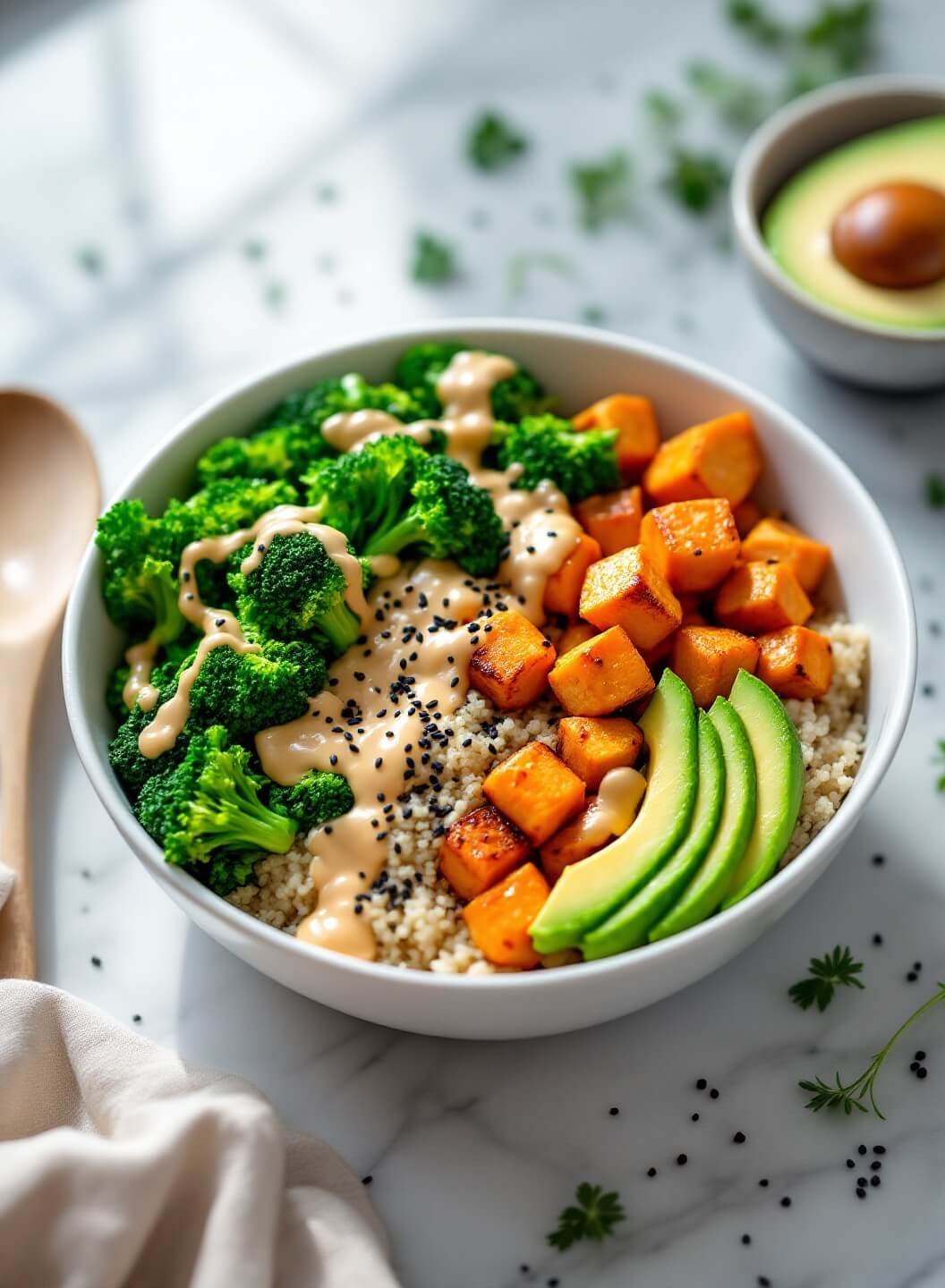 "Vibrant vegan Buddha bowl with quinoa, roasted sweet potato, charred broccoli, tofu, kale, avocado, and tahini dressing, garnished with black sesame seeds and microgreens on a light marble surface"
