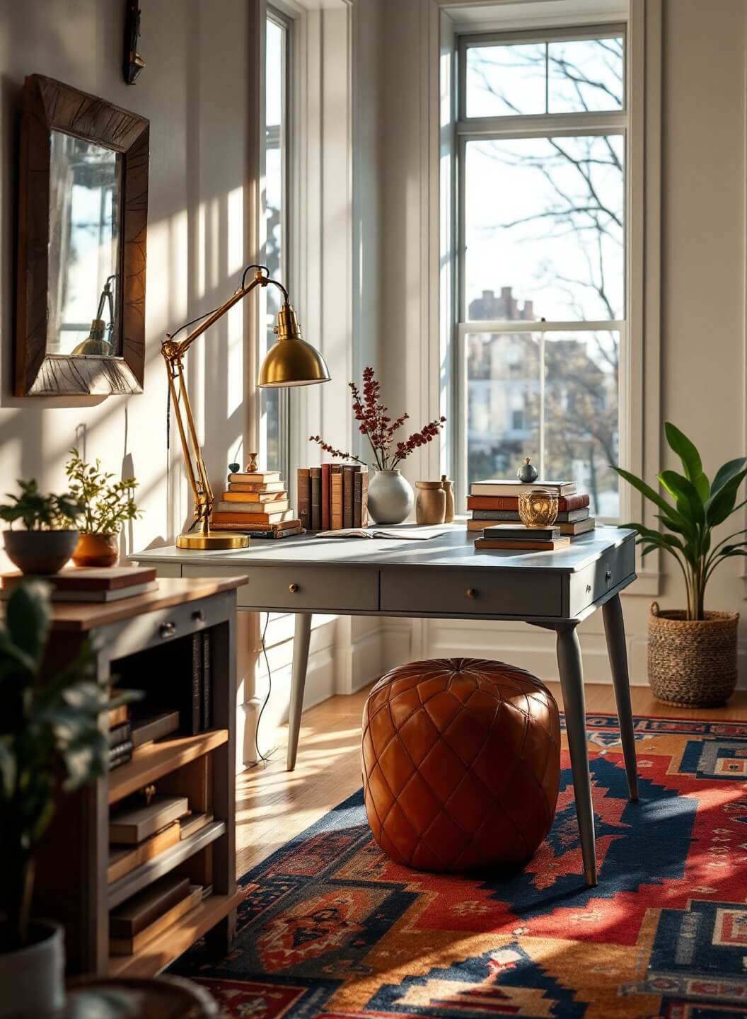 "Sunlit home office with vintage-modern fusion decor featuring restored grey desk, antique brass lamp, curated books, and navy geometric rug"