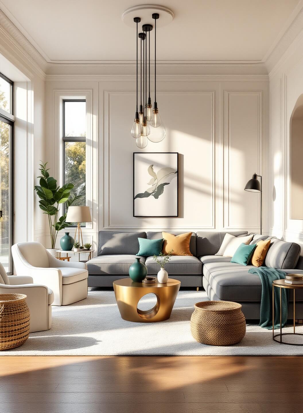 "Luxurious living room with warm sunlight, grey sectional sofa, cream armchairs, brass and green accents, and mixed textures at golden hour in 8K resolution"