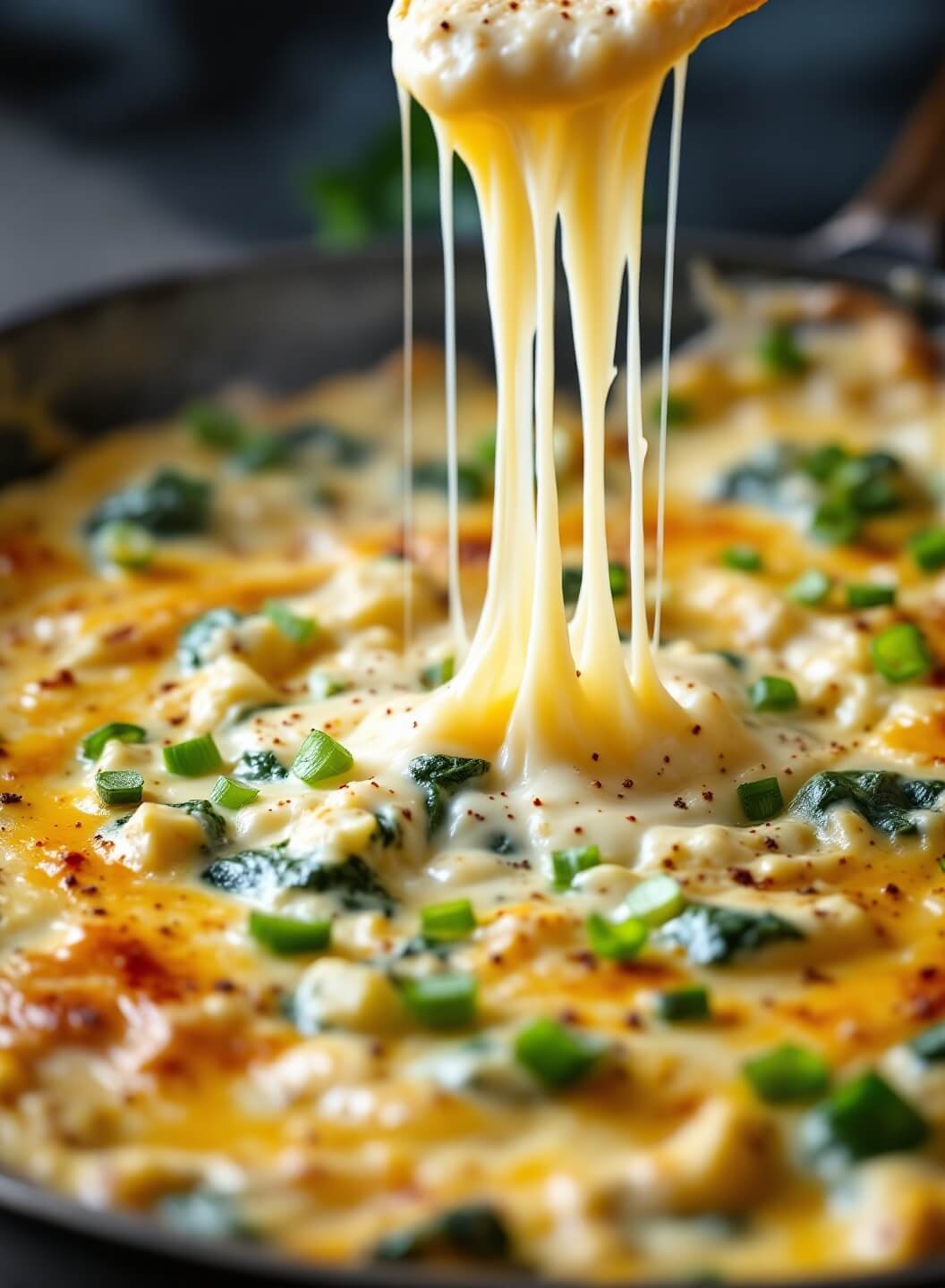 "Close-up of hot spinach artichoke dip with melted cheese and fresh herbs in a rustic skillet"