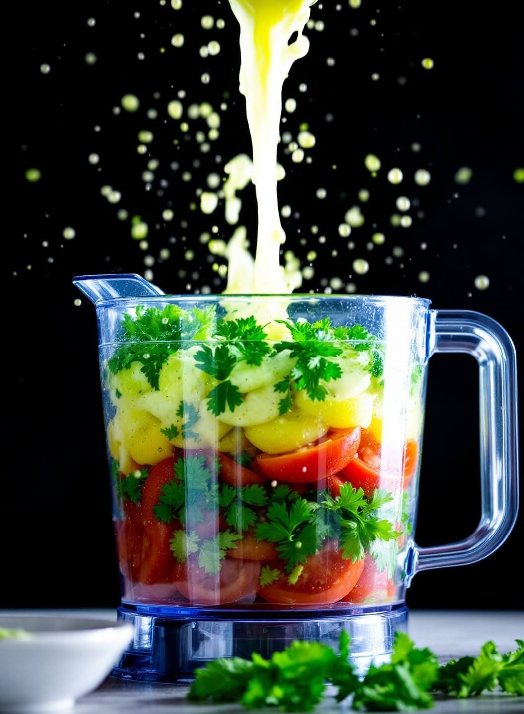 Fresh lime juice streaming over layered tomatoes and herbs in a food processor under dramatic side lighting