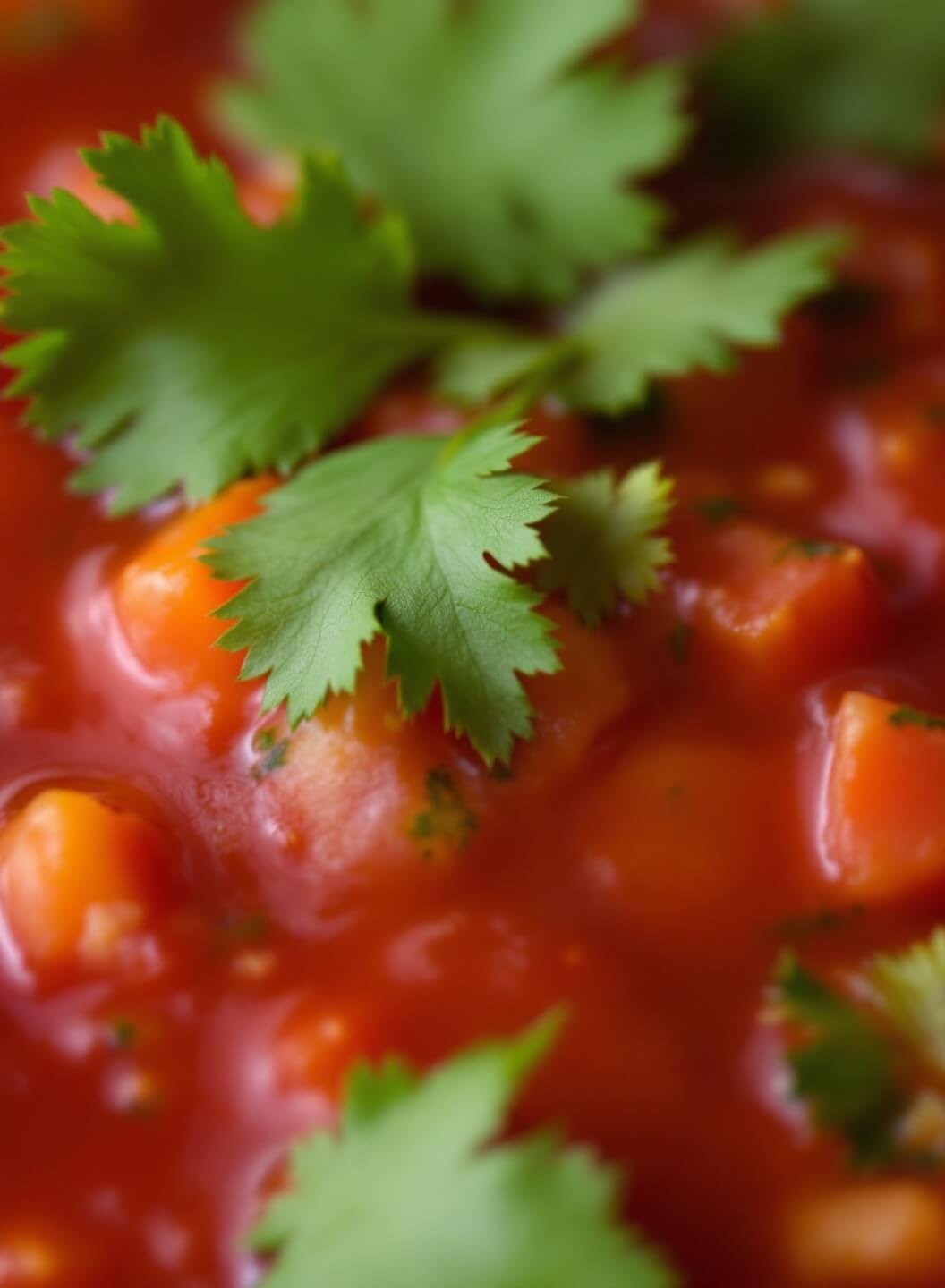 Close-up image of restaurant-style salsa with visible chunks of tomato and cilantro leaves in a vivid red base under studio lighting