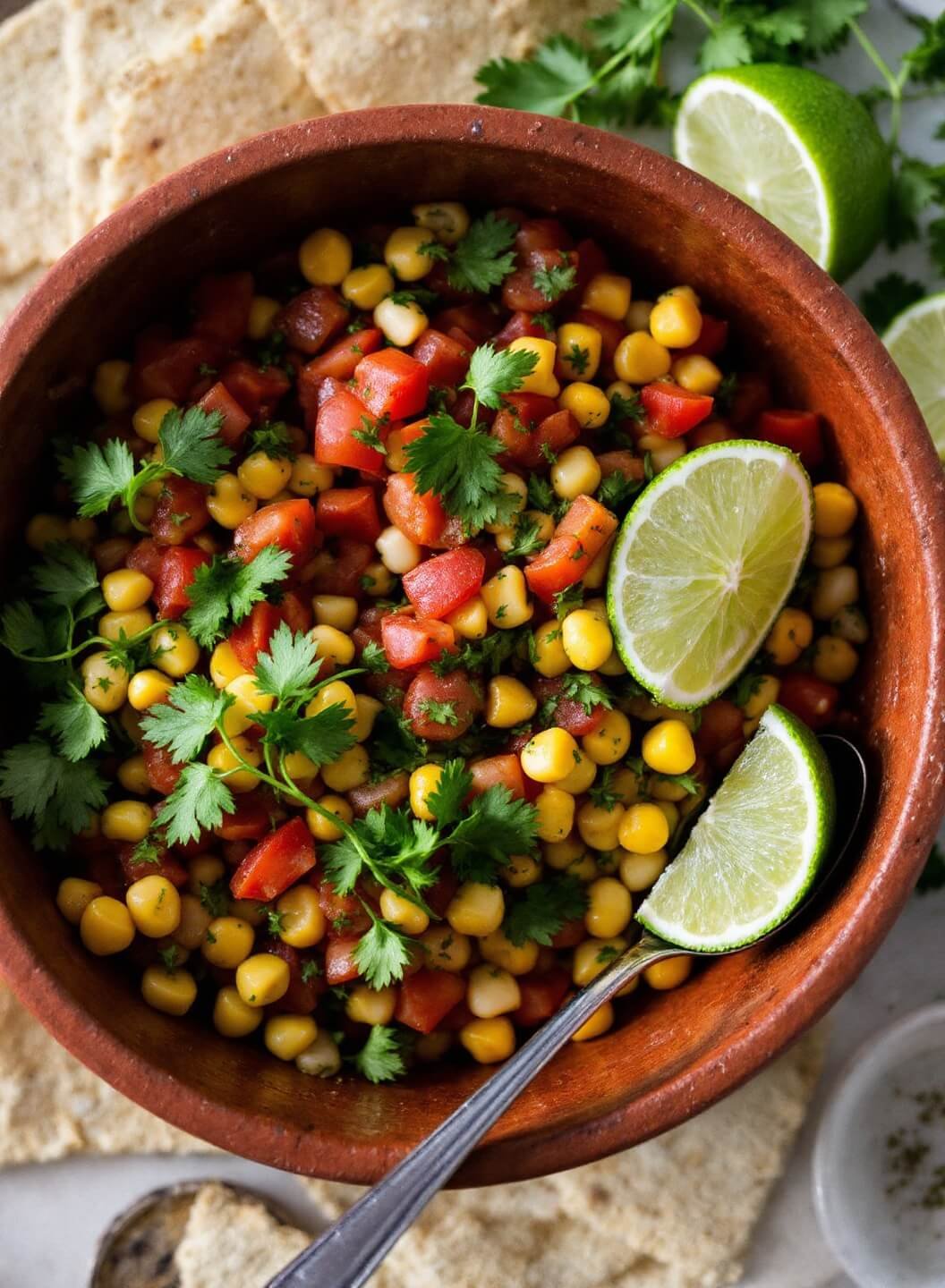 Rustic terracotta bowl filled with fresh salsa, garnished with cilantro and lime wedges under warm evening light