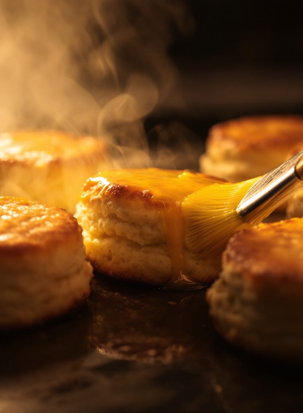 Freshly baked golden-brown biscuits with steam rising, honey-butter being applied for glossy texture, highlighted by warm lighting.