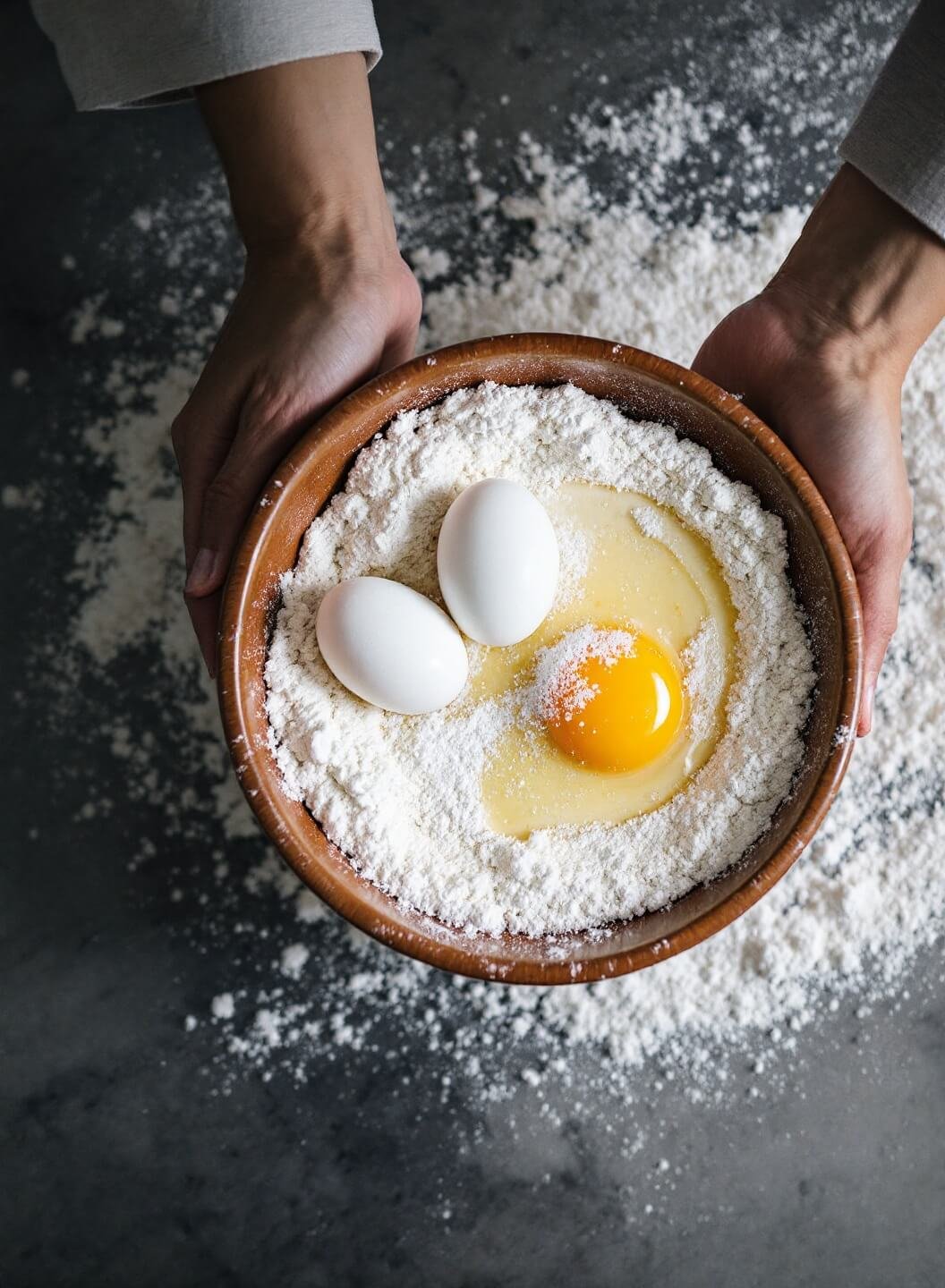 Overhead shot of eggs nestled in white flour inside an artisanal ceramic bowl