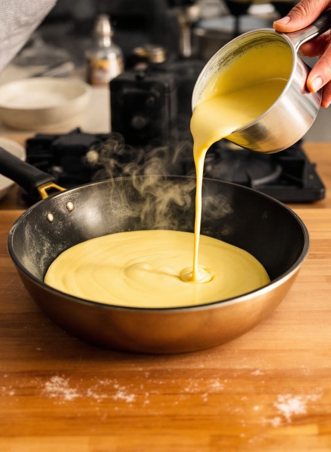 Chef pouring crepe batter into a golden cast iron pan, swirling it around with steam rising in a professional kitchen with spot lighting.